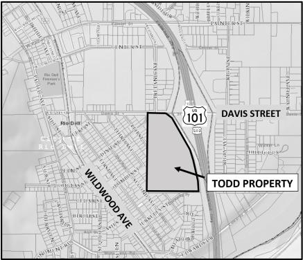 Map of State Land in Rio Dell, on the corner of US 101 and Davis Street.